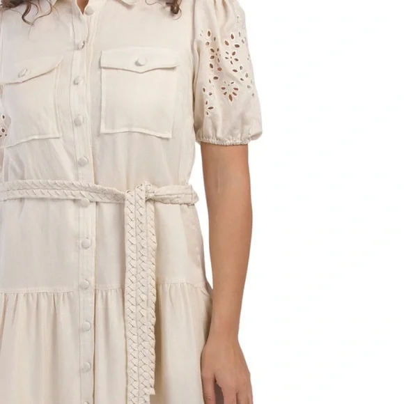 ELIE TAHARI Linen Blend Elbow Puff Sleeve Button Down Collared Shirt Dress